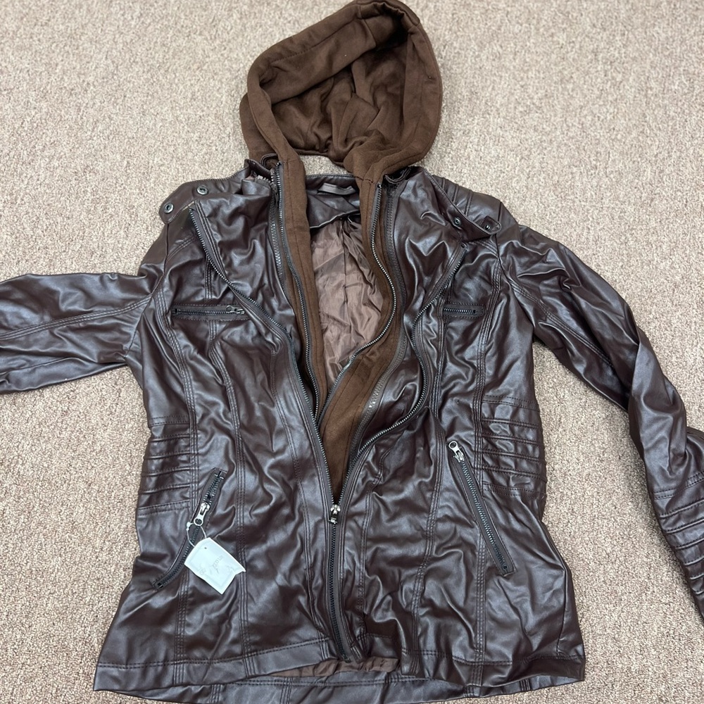Brown Leather Hooded Jacket with Relaxed Fit